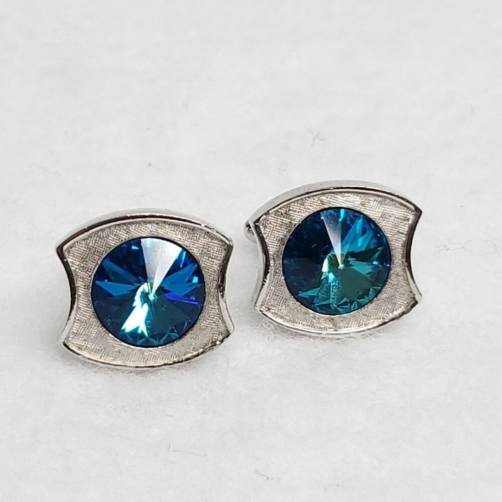 Vintage Shields Rivoli Cufflinks Silver Tone Blue Rhinestone Sparkles